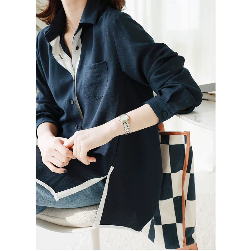 POPOGOシリーズ｜ネイビー ロングシャツ｜ホワイト縁取り 前下がりヘム スリット入り ゆったり フリーサイズ