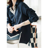 POPOGOシリーズ｜ネイビー ロングシャツ｜ホワイト縁取り 前下がりヘム スリット入り ゆったり フリーサイズ