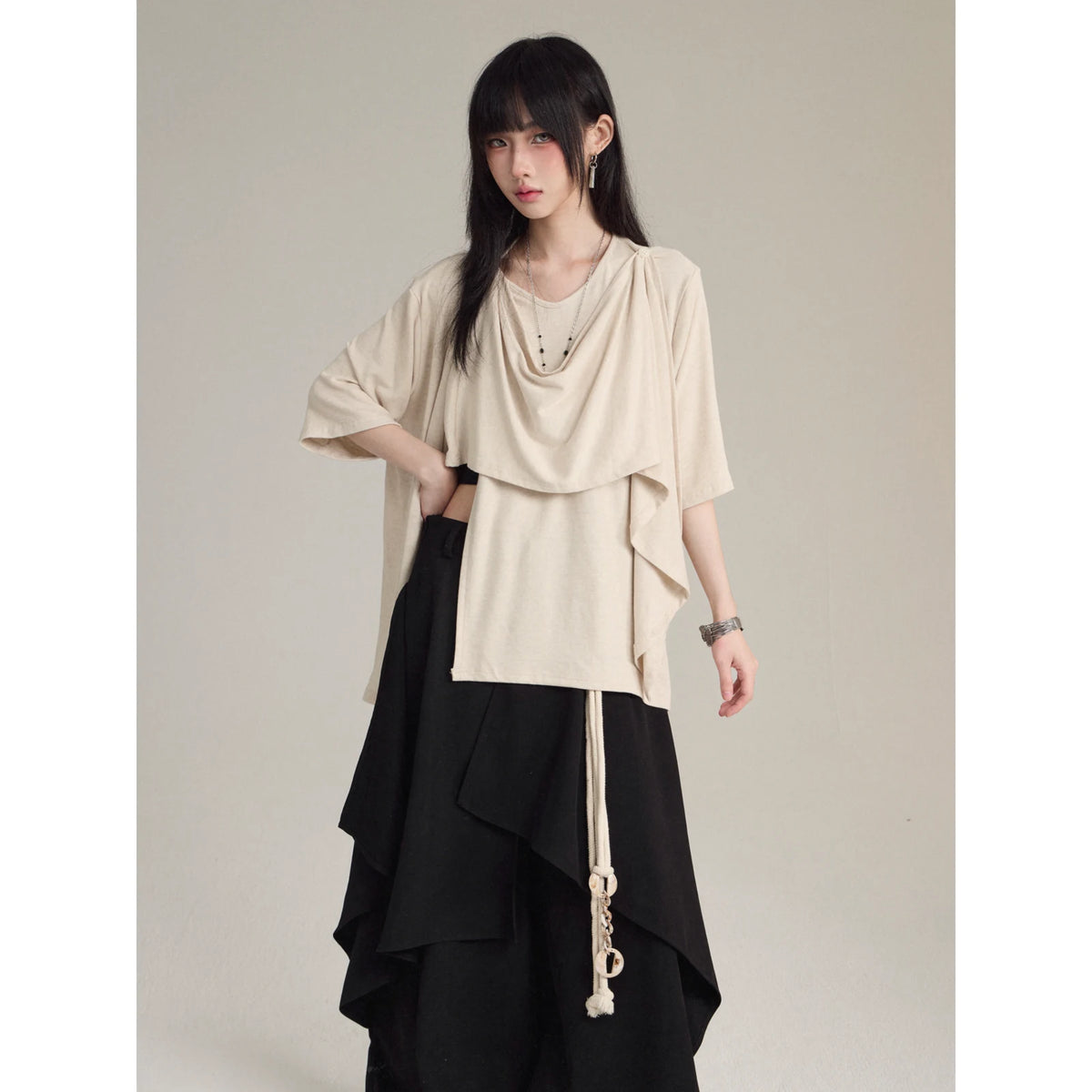 FG721シリーズ｜カウルネック ドレープ レイヤード 半袖トップス｜ゆったり ユニセックス アプリコット・ブラック M／L／XL