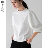 左品シリーズ｜ステッチ入り ショート丈トップス｜ふんわり五分袖 ゆったり ブラック他2色 M〜XL