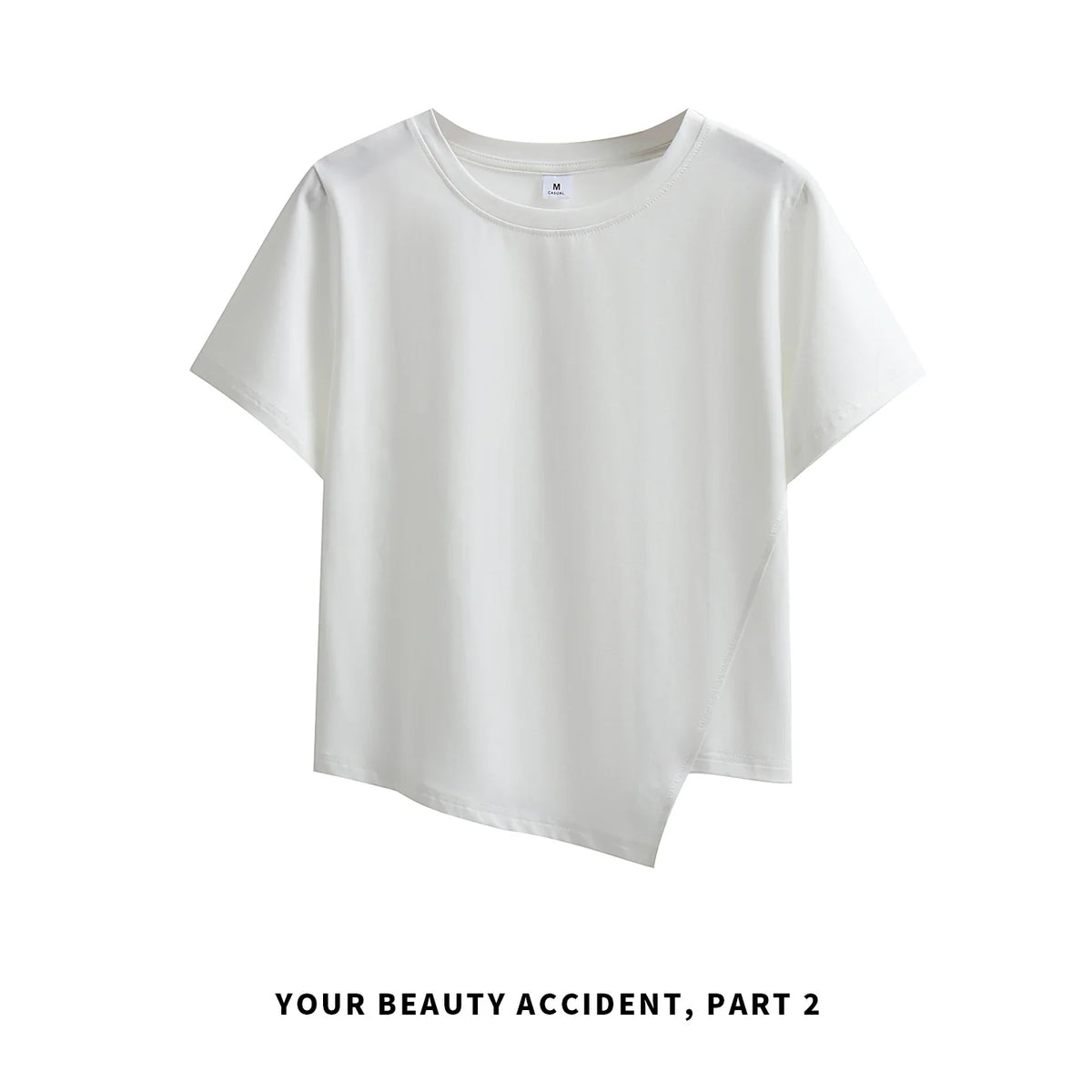 下集シリーズ｜アシンメトリーヘム 半袖Tシャツ｜ホワイト 短め丈 正肩 コットン ブラック/ピンク/グレー/ライトブルー S〜XL