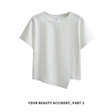 下集シリーズ｜アシンメトリーヘム 半袖Tシャツ｜ホワイト 短め丈 正肩 コットン ブラック/ピンク/グレー/ライトブルー S〜XL