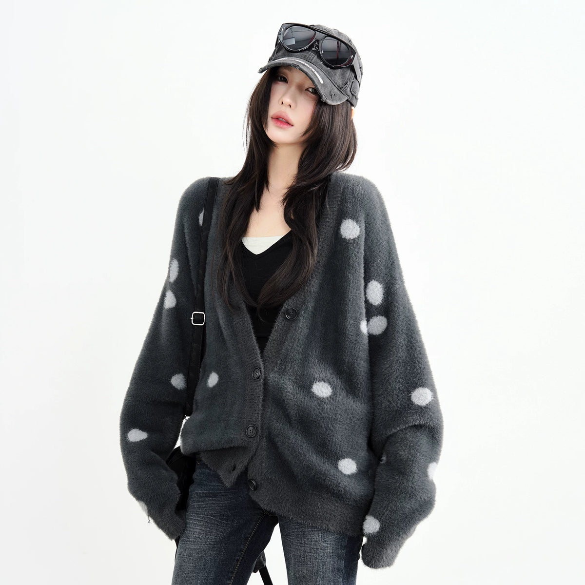 万有引力シリーズ｜ドット柄 Vネック ニットカーディガン ゆったりシルエット S/M/L
