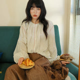 陽光蘿莎シリーズ｜コットン チェック柄 パフスリーブ 丸首シャツ｜ギャザー ゆったり ベージュ S〜XL