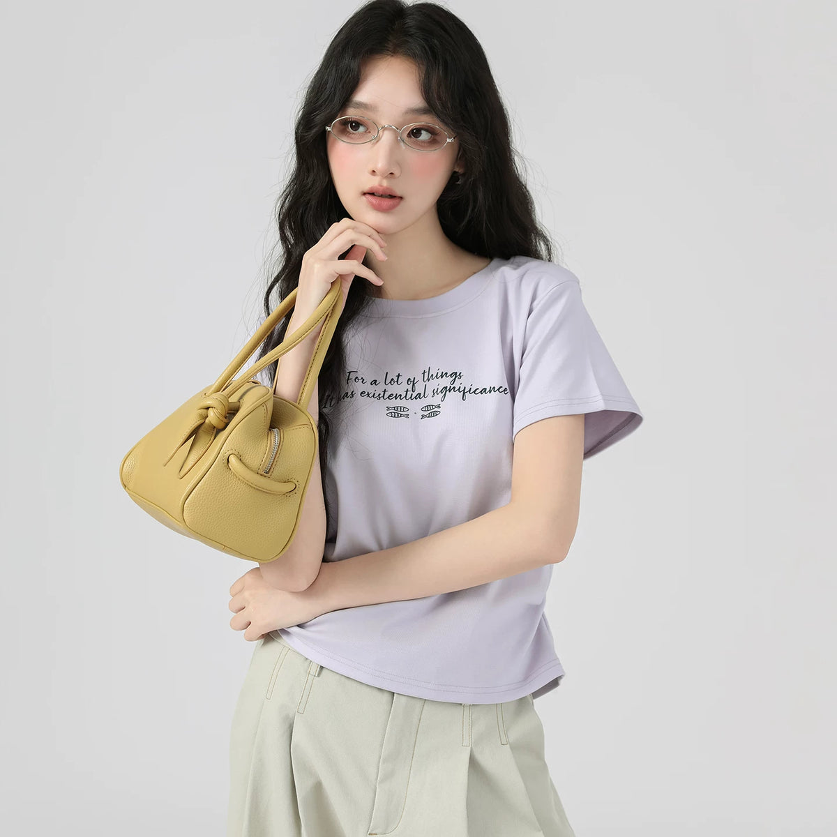 下集シリーズ｜パープル サイドシャーリング 半袖Tシャツ｜リブ編み 短め丈 スリム ライトグレーブルー/パープル/ホワイト S〜XL