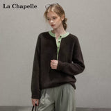 LaCシリーズ｜ヘンリーネック ニットプルオーバー｜コーヒーブラウン ミントグリーン配色 ゆったり 微伸縮 S〜L
