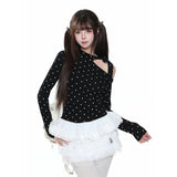 MJMTシリーズ｜ドット柄 オフショルダー風 長袖Tシャツ リボン フリル裾 ブラック/ホワイト S/M/L