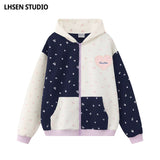 LHSENシリーズ｜小花柄 切り替え ジップパーカー｜ハート刺繍パッチ ゆったり グレー・ネイビー S〜XL