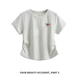 下集シリーズ｜サイドシャーリング 正肩 半袖Tシャツ｜短め丈 コットン ライトグレー/ロイヤルブルー S〜XL