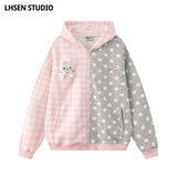LHSENシリーズ｜うさぎパーツ付き ギンガム×ドット ジップパーカー｜裏起毛 ブルー・グレー S〜XL