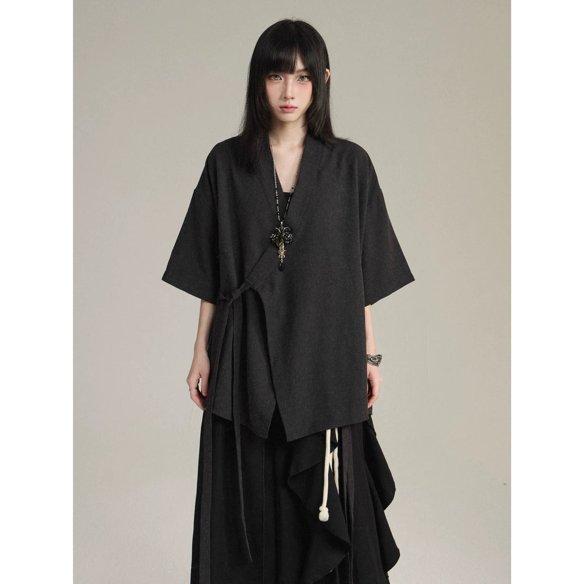 FG721シリーズ｜新中式 紐結び 半袖シャツジャケット｜ゆったり 薄手 ブラック・ライトグリーン M／L／XL