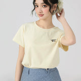 下集シリーズ｜ワンポイント刺繍 半袖Tシャツ｜正肩 ゆったり 短め丈 ヒースグレー/ブルー/クリームイエロー S〜XL