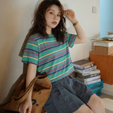 陽光蘿莎シリーズ｜ボーダー 半袖Tシャツ｜ショート丈 グリーン×パープル S〜XL