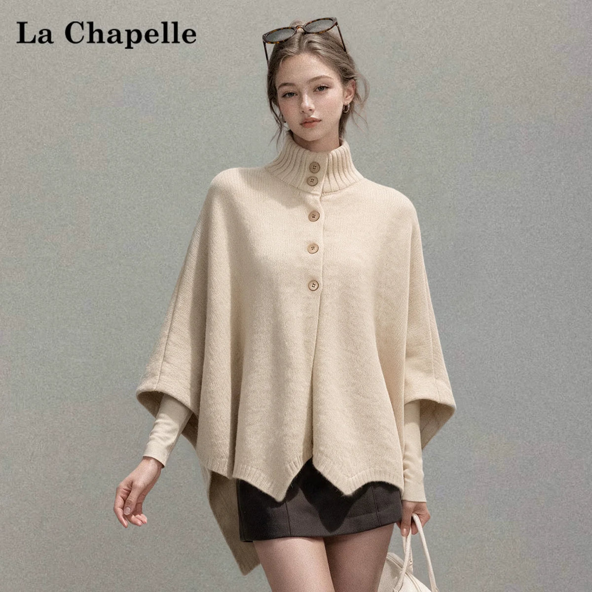 LaCシリーズ｜ハイネック ニットケープ＆インナー 2点セット｜ボタン留め カーキ ゆったり S〜L