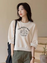 左品シリーズ｜コットン 七分袖 ショート丈 プリントTシャツ｜クマのイラスト・クリーム M〜XL（8柄から選べる）