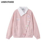LHSENシリーズ｜ドット柄シャツ襟 フェイクレイヤード アシンメトリーボタン スウェット｜ブルー・ピンク S〜XL
