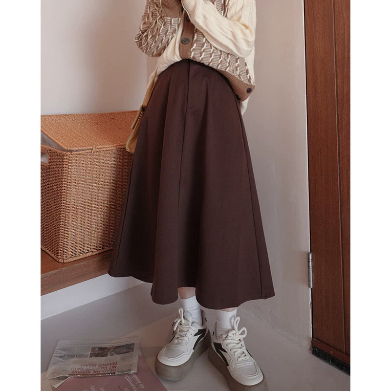 陽光蘿莎シリーズ｜ウール調 Aラインスカート｜ミモレ丈 ハイウエスト ブラウン M〜2XL