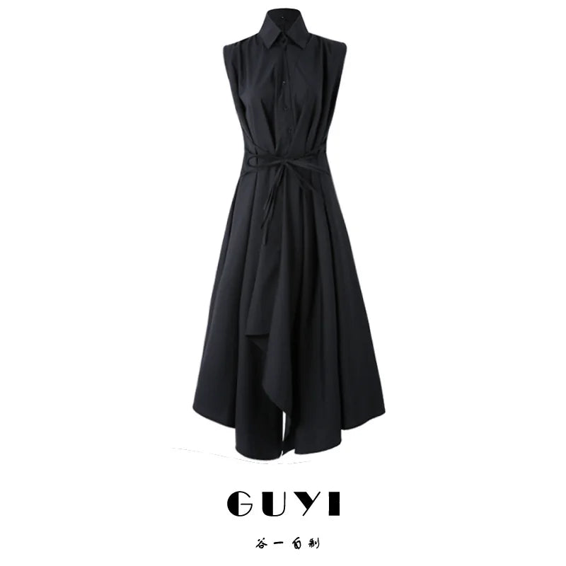 GUYIシリーズ｜アシンメトリー ロングシャツワンピース｜ブラック ノースリーブ 半袖 ウエストリボン