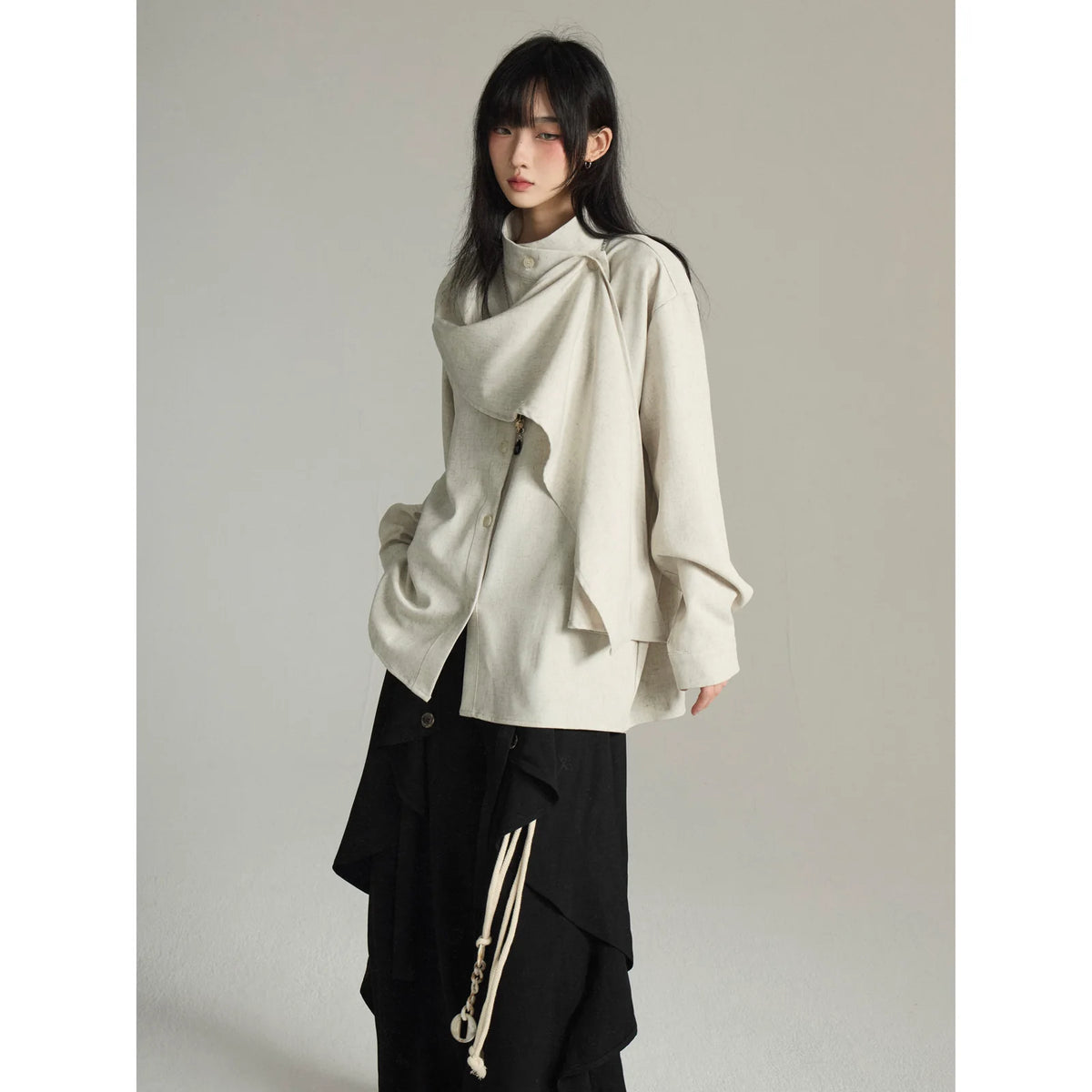 FG721シリーズ｜ケープ風スカーフ付き 半高襟 ロングスリーブシャツ ユニセックス ベルト付き選択可 S/M/L/XL