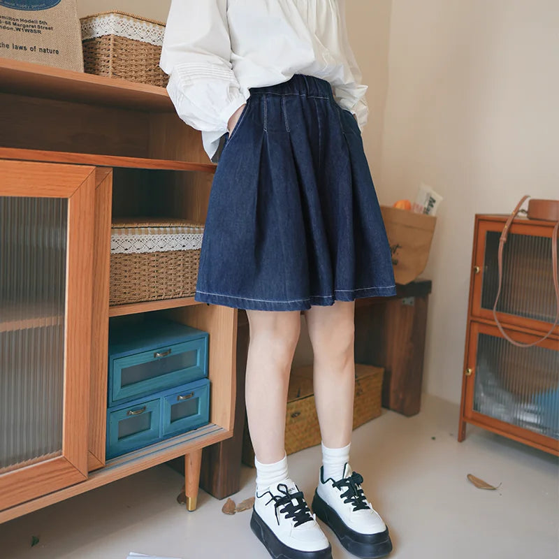 陽光蘿莎シリーズ｜デニム キュロットショーツ｜ハイウエスト タック入り ワイド ダークブルー S〜2XL