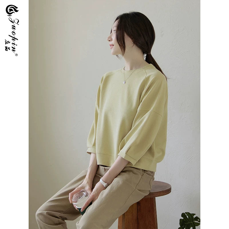 左品シリーズ｜コットン 七分袖トップス｜ゆったり ラグラン ふんわり袖 ライムグリーン他 全7色 M〜XL