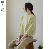 左品シリーズ｜コットン 七分袖トップス｜ゆったり ラグラン ふんわり袖 ライムグリーン他 全7色 M〜XL