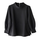 POPOGOシリーズ｜ブラック ハイネックブラウス｜背中ファスナー ウエスト切り替え 裾スリット S・M