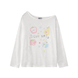 LHSENシリーズ｜フルーツ柄 ボーダー 長袖Tシャツ｜微透け ゆったり ブルー・ホワイト S〜L