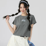 下集シリーズ｜英字ロゴ入り 正肩 半袖Tシャツ｜短め丈 コットン ホワイト/ブラック/ベージュ/ヘザーグレー S〜XL