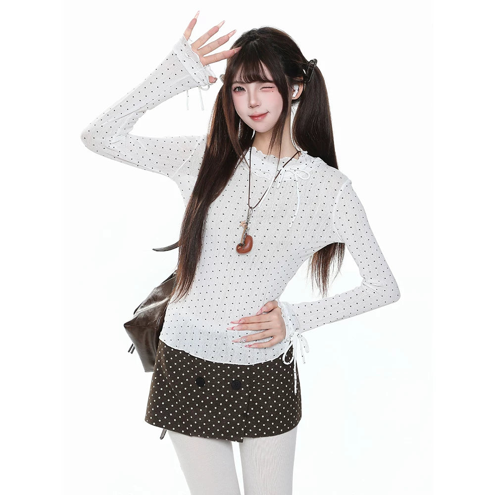 MJMTシリーズ｜ドット柄 シアー 長袖Tシャツ リボンデザイン 絞りウエスト ホワイト/チャコールグレー S/M