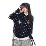 MJMTシリーズ｜スター柄 ニットカーディガン 襟付き ジップアップ グレー/ブルー ゆったり 秋冬 M/L/XL