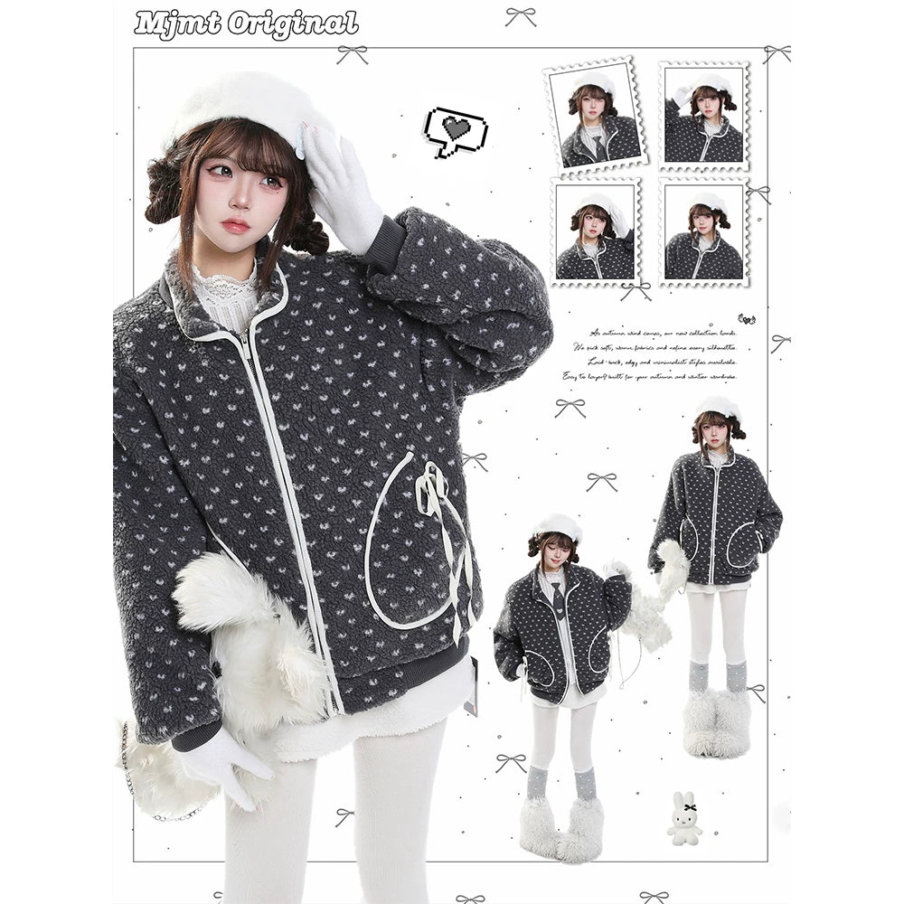 MJMTシリーズ｜ドット柄 ジャガード ボア 中綿ジャケット グレー ゆったり ジップアップ 冬 S/M/L