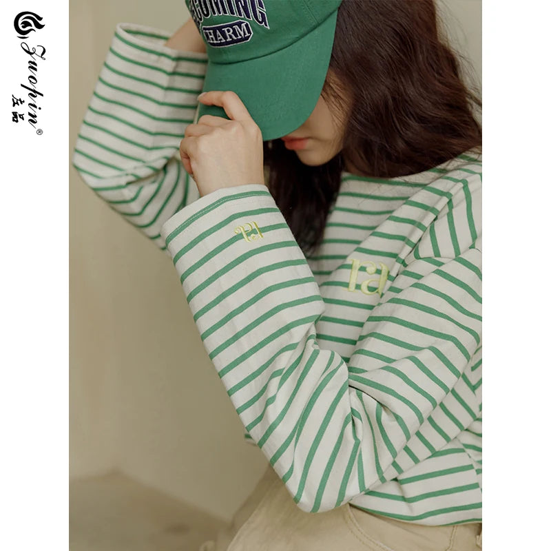 左品シリーズ｜コットン ボーダー 長袖Tシャツ｜胸元ロゴ刺繍 ゆったり グリーン M〜XL