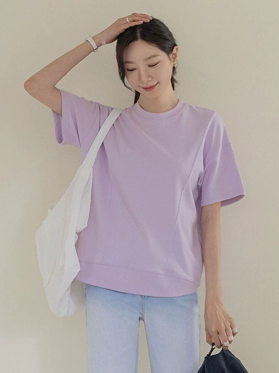 左品シリーズ｜コットン ドロップショルダー半袖Tシャツ｜縦切り替え ゆったり ライラック・ライトグレー M〜XL