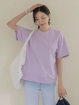 左品シリーズ｜コットン ドロップショルダー半袖Tシャツ｜縦切り替え ゆったり ライラック・ライトグレー M〜XL