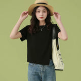 下集シリーズ｜アシンメトリーヘム 半袖Tシャツ｜短め丈 正肩 コットン ベージュ/ホワイト/ブラック/ピンク/ライトブルー S〜XL