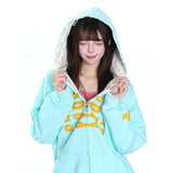 MJMTシリーズ｜リボン柄プリント フード付き ジップパーカー ミントブルー/グレー/ブラック ゆったり S/M/L/XL