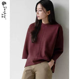 左品シリーズ｜コットン 七分袖 センターステッチ サイドスリット スウェット｜ゆったり ワインレッド M〜XL