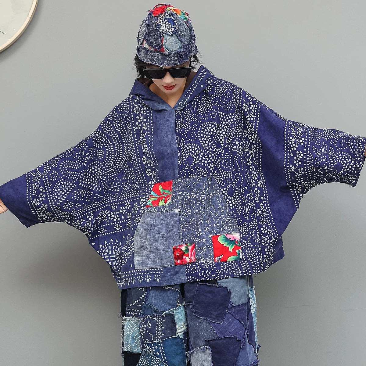 格林曼シリーズ｜藍染 古布 パッチワーク フード付きトップス／ストレートパンツ｜裏地付き 単品販売 ネイビー 秋 フリー