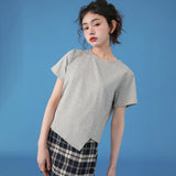 下集シリーズ｜アシンメトリーヘム 半袖Tシャツ｜短め丈 正肩 コットン ライトブルー/ホワイト/ブラック/ピンク/ベージュ S〜XL