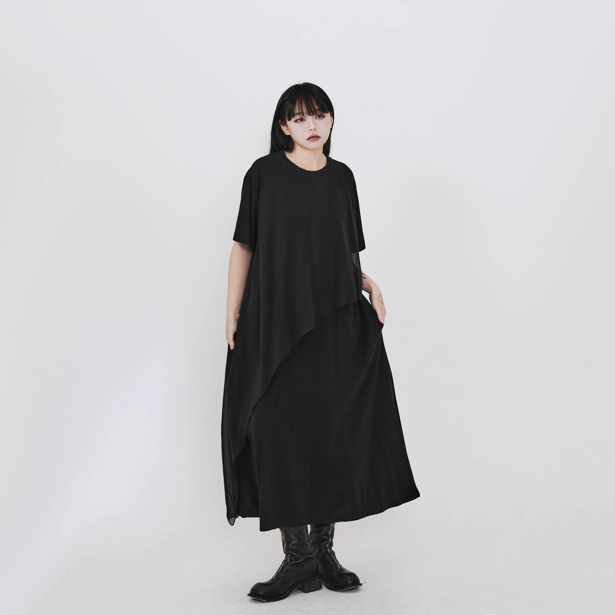 隠覓シリーズ｜アシンメトリー レイヤードワンピース｜シフォン重ね 半袖 ゆったりロング ブラック フリー