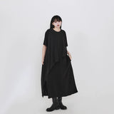 隠覓シリーズ｜アシンメトリー レイヤードワンピース｜シフォン重ね 半袖 ゆったりロング ブラック フリー