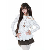 MJMTシリーズ｜ドット柄 オフショルダー風 長袖Tシャツ リボン フリル裾 ブラック/ホワイト S/M/L