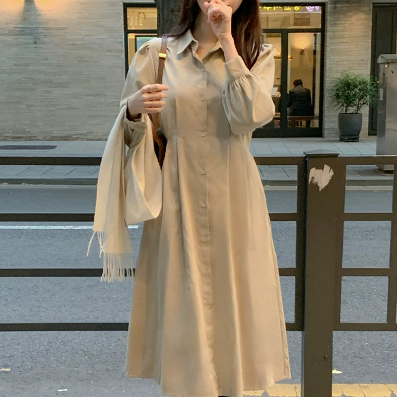 HANSUシリーズ｜ウエスト絞り ロングシャツワンピース｜パフスリーブ 後ろリボン カーキ・アイボリー・ネイビー M・L