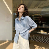 不造作シリーズ｜ブルーストライプ 半袖シャツ｜胸元の刺繍ワンポイント ゆったり S〜2XL
