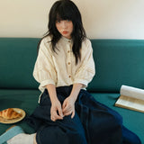陽光蘿莎シリーズ｜コットン スタンドカラー 七分袖シャツ｜花柄の地模様 パフスリーブ アイボリー S〜XXL