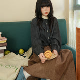 陽光蘿莎シリーズ｜チェック柄 長袖シャツ｜ゆったり 襟元ホワイト切り替え チャコール S〜XL