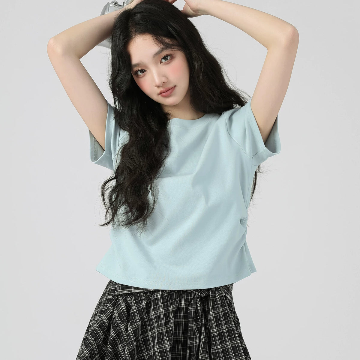 下集シリーズ｜サイドシャーリング 半袖Tシャツ｜リブ編み 短め丈 スリム ライトグレーブルー/パープル/ホワイト S〜XL