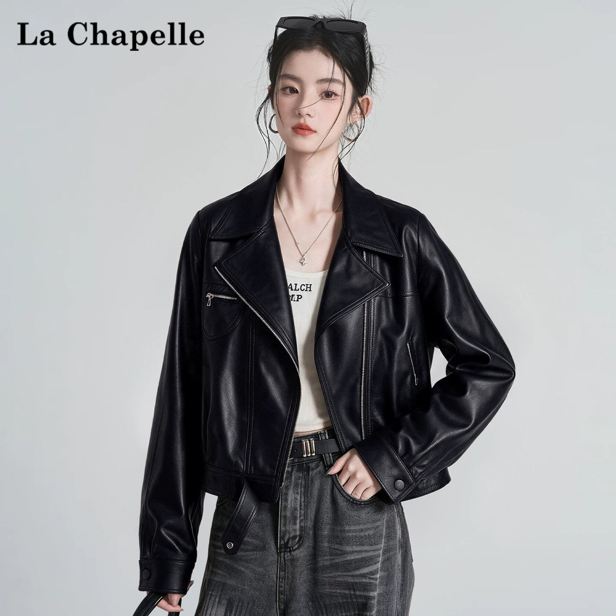 LaCシリーズ｜ビッグカラー レザー ライダースジャケット｜袖口スナップ 裾ベルト ブラック ゆったり 微伸縮 S〜L