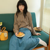 陽光蘿莎シリーズ｜コットン混 チェック柄 長袖シャツ｜レギュラーカラー ゆったり ブラウン×イエロー M〜XXL